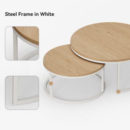 Fero Round Nesting Coffee Table Set of 2, Light Oak Top & White Metal Frame, Modern Scandinavian Style, for Living Spaces - thumbnail 7
