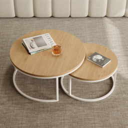Fero Round Nesting Coffee Table Set of 2, Light Oak Top & White Metal Frame, Modern Scandinavian Style, for Living Spaces - thumbnail 2