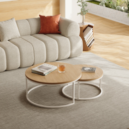 Fero Round Nesting Coffee Table Set of 2, Light Oak Top & White Metal Frame, Modern Scandinavian Style, for Living Spaces - thumbnail 4