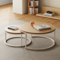 Fero Round Nesting Coffee Table Set of 2, Light Oak Top & White Metal Frame, Modern Scandinavian Style, for Living Spaces - thumbnail 1