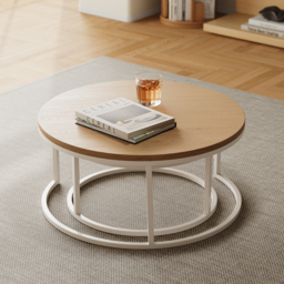 Fero Round Nesting Coffee Table Set of 2, Light Oak Top & White Metal Frame, Modern Scandinavian Style, for Living Spaces - thumbnail 9