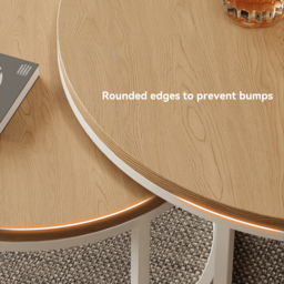 Fero Round Nesting Coffee Table Set of 2, Light Oak Top & White Metal Frame, Modern Scandinavian Style, for Living Spaces - thumbnail 6