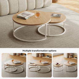Fero Round Nesting Coffee Table Set of 2, Light Oak Top & White Metal Frame, Modern Scandinavian Style, for Living Spaces - thumbnail 5