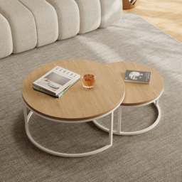 Fero Round Nesting Coffee Table Set of 2, Light Oak Top & White Metal Frame, Modern Scandinavian Style, for Living Spaces - thumbnail 8