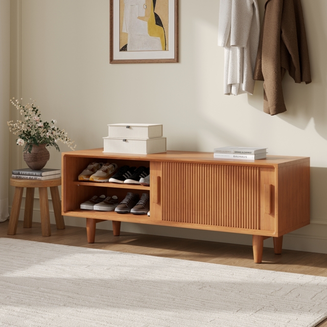 1200mm Solid Rubberwood Natural Entryway Bench with Storage - image 1