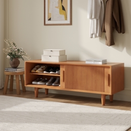 1200mm Solid Rubberwood Natural Entryway Bench with Storage - thumbnail 1