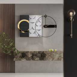 750mm Large Metal Geometric Wall Clock with Wood Pointer Modern Home Decor Black & Gray - thumbnail 3
