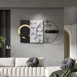 750mm Large Metal Geometric Wall Clock with Wood Pointer Modern Home Decor Black & Gray - thumbnail 1