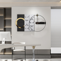 750mm Large Metal Geometric Wall Clock with Wood Pointer Modern Home Decor Black & Gray - thumbnail 2
