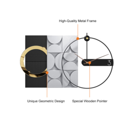 750mm Large Metal Geometric Wall Clock with Wood Pointer Modern Home Decor Black & Gray - thumbnail 8