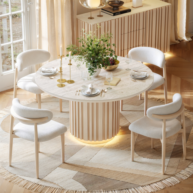 Aura 120 cm Round Faux Travertine Sintered Stone Dining Table, Fluted Base, Seats 4 - image 1