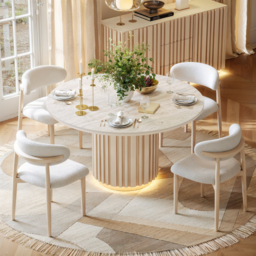 Aura 120 cm Round Faux Travertine Sintered Stone Dining Table, Fluted Base, Seats 4 - thumbnail 1