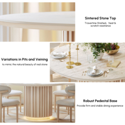 Aura 120 cm Round Faux Travertine Sintered Stone Dining Table, Fluted Base, Seats 4 - thumbnail 6