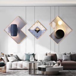 3Pcs Modern Geometric Wall Clock Decor Set Canvas Painting Wall Clocks with Gold Frame - thumbnail 6