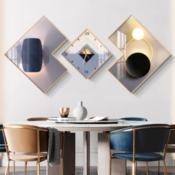 3Pcs Modern Geometric Wall Clock Decor Set Canvas Painting Wall Clocks with Gold Frame - thumbnail 1