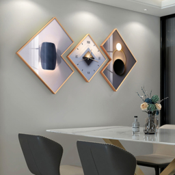 3Pcs Modern Geometric Wall Clock Decor Set Canvas Painting Wall Clocks with Gold Frame - thumbnail 5