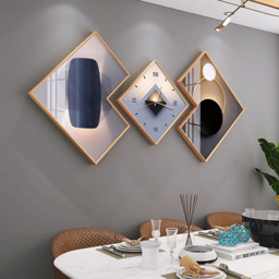 3Pcs Modern Geometric Wall Clock Decor Set Canvas Painting Wall Clocks with Gold Frame - thumbnail 2