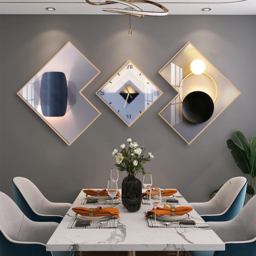3Pcs Modern Geometric Wall Clock Decor Set Canvas Painting Wall Clocks with Gold Frame - thumbnail 3