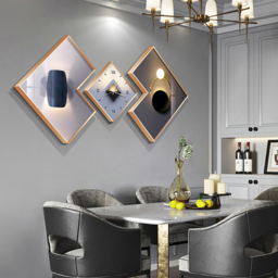 3Pcs Modern Geometric Wall Clock Decor Set Canvas Painting Wall Clocks with Gold Frame - thumbnail 4