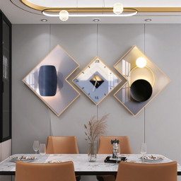 3Pcs Modern Geometric Wall Clock Decor Set Canvas Painting Wall Clocks with Gold Frame - thumbnail 7