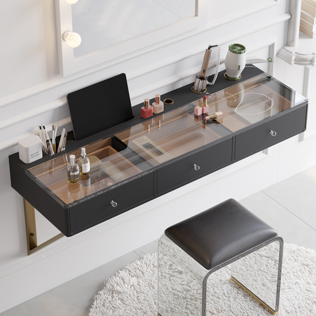 Glass Modern Floating Black Dressing Table with Tempered Top & Drawers Wall Mounted Beauty Station - image 1