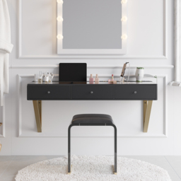 Glass Modern Floating Black Dressing Table with Tempered Top & Drawers Wall Mounted Beauty Station - thumbnail 4