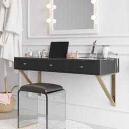 Glass Modern Floating Black Dressing Table with Tempered Top & Drawers Wall Mounted Beauty Station - thumbnail 3