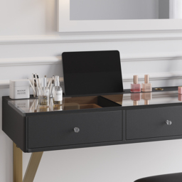 Glass Modern Floating Black Dressing Table with Tempered Top & Drawers Wall Mounted Beauty Station - thumbnail 5