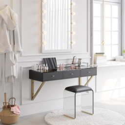 Glass Modern Floating Black Dressing Table with Tempered Top & Drawers Wall Mounted Beauty Station - thumbnail 2