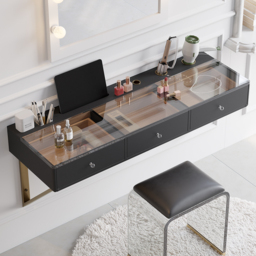 Glass Modern Floating Black Dressing Table with Tempered Top & Drawers Wall Mounted Beauty Station