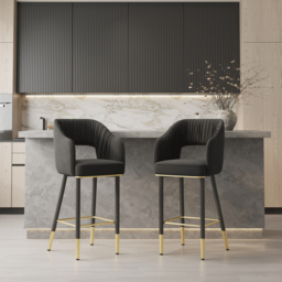 Modern Black Velvet Bar Stool Upholstery with Back and  Footrest - thumbnail 1