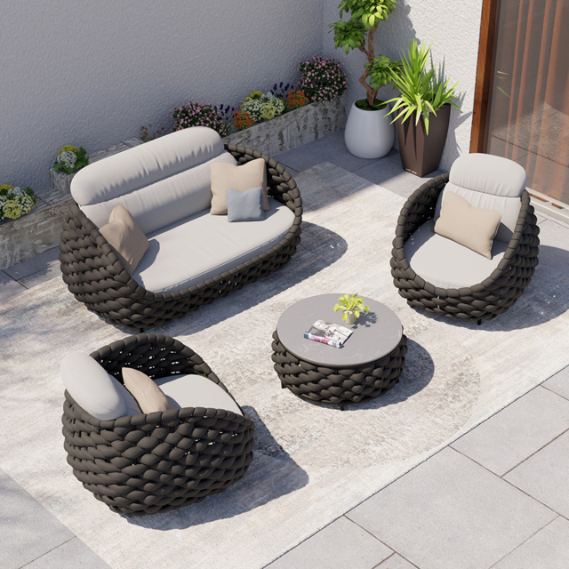 Cocaro 4 Pieces Woven Rope Garden Sofa Set Faux Marble Top Coffee Table in Black & Grey - image 1