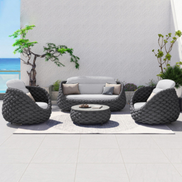 Cocaro 4 Pieces Woven Rope Garden Sofa Set Faux Marble Top Coffee Table in Black & Grey - thumbnail 2