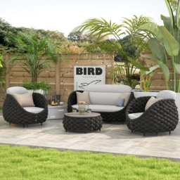 Cocaro 4 Pieces Woven Rope Garden Sofa Set Faux Marble Top Coffee Table in Black & Grey - thumbnail 3