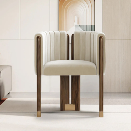 Modern Wood Accent Chair Beige Velvet Upholstered Arm Chair Set of 4 - thumbnail 1