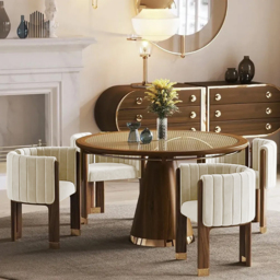 Modern Wood Accent Chair Beige Velvet Upholstered Arm Chair Set of 4 - thumbnail 5
