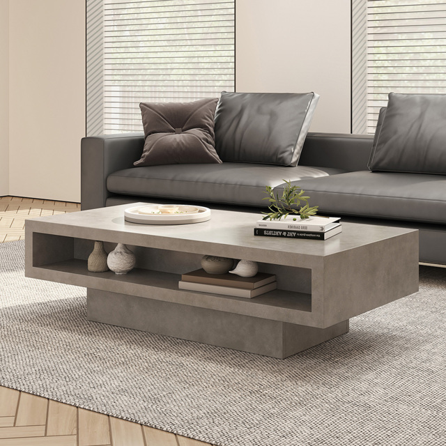 Japandi Rectangle Concrete Grey Coffee Table with 2 Drawers & Open Storage - image 1