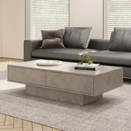 Japandi Rectangle Concrete Grey Coffee Table with 2 Drawers & Open Storage - thumbnail 2