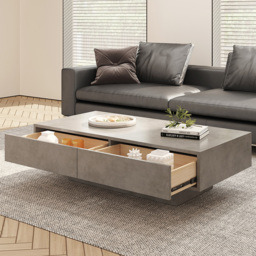 Japandi Rectangle Concrete Grey Coffee Table with 2 Drawers & Open Storage - thumbnail 3