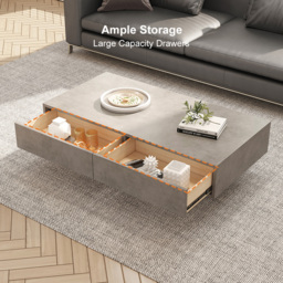 Japandi Rectangle Concrete Grey Coffee Table with 2 Drawers & Open Storage - thumbnail 9