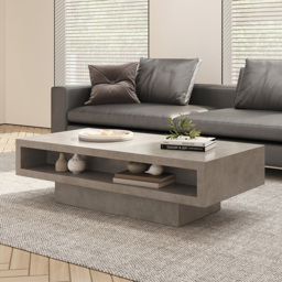 Japandi Rectangle Concrete Grey Coffee Table with 2 Drawers & Open Storage - thumbnail 1