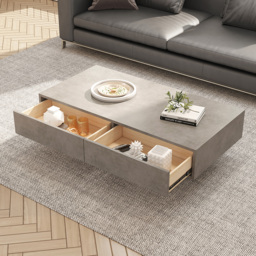 Japandi Rectangle Concrete Grey Coffee Table with 2 Drawers & Open Storage - thumbnail 4