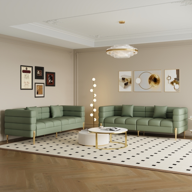 200 cm Modern Performance Leather Upholstered Fluted 3 Seater Sofa for Living Room with pillow Set of 2 - image 1