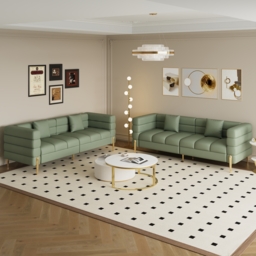200 cm Modern Performance Leather Upholstered Fluted 3 Seater Sofa for Living Room with pillow Set of 2 - thumbnail 3