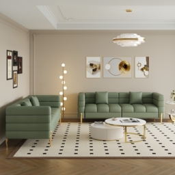 200 cm Modern Performance Leather Upholstered Fluted 3 Seater Sofa for Living Room with pillow Set of 2 - thumbnail 2