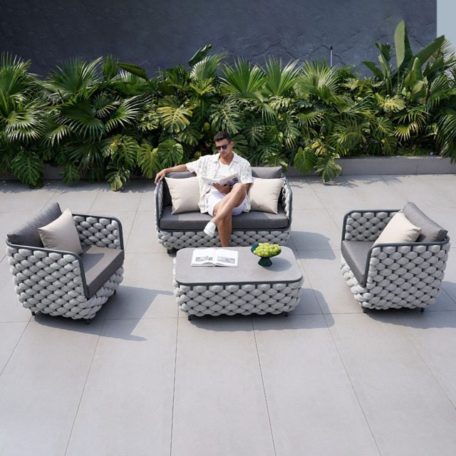 4 PCS Rope Outdoor Sofa Set with Marble Coffee Table Modern Yard & Patio Furniture for 4 Person in Gray Cushion & Pillow Included - image 1