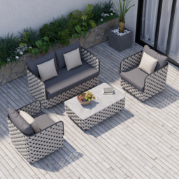 4 PCS Rope Outdoor Sofa Set with Marble Coffee Table Modern Yard & Patio Furniture for 4 Person in Gray Cushion & Pillow Included - thumbnail 2