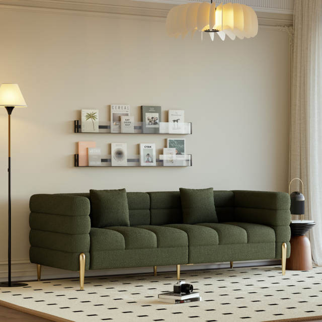 200 cm Modern Green Boucle Upholstered Fluted 3 Seater Sofa for Living Room with pillow - image 1