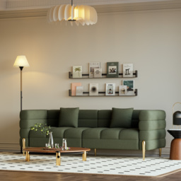 200 cm Modern Green Boucle Upholstered Fluted 3 Seater Sofa for Living Room with pillow - thumbnail 4