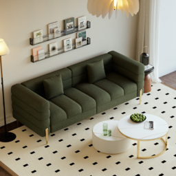 200 cm Modern Green Boucle Upholstered Fluted 3 Seater Sofa for Living Room with pillow - thumbnail 3